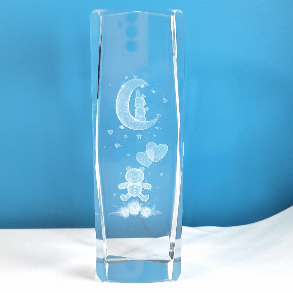 Glass 3D Laser Etched Teddy Bear Moon Decor Paperweight Bunny Stars 6" Tall